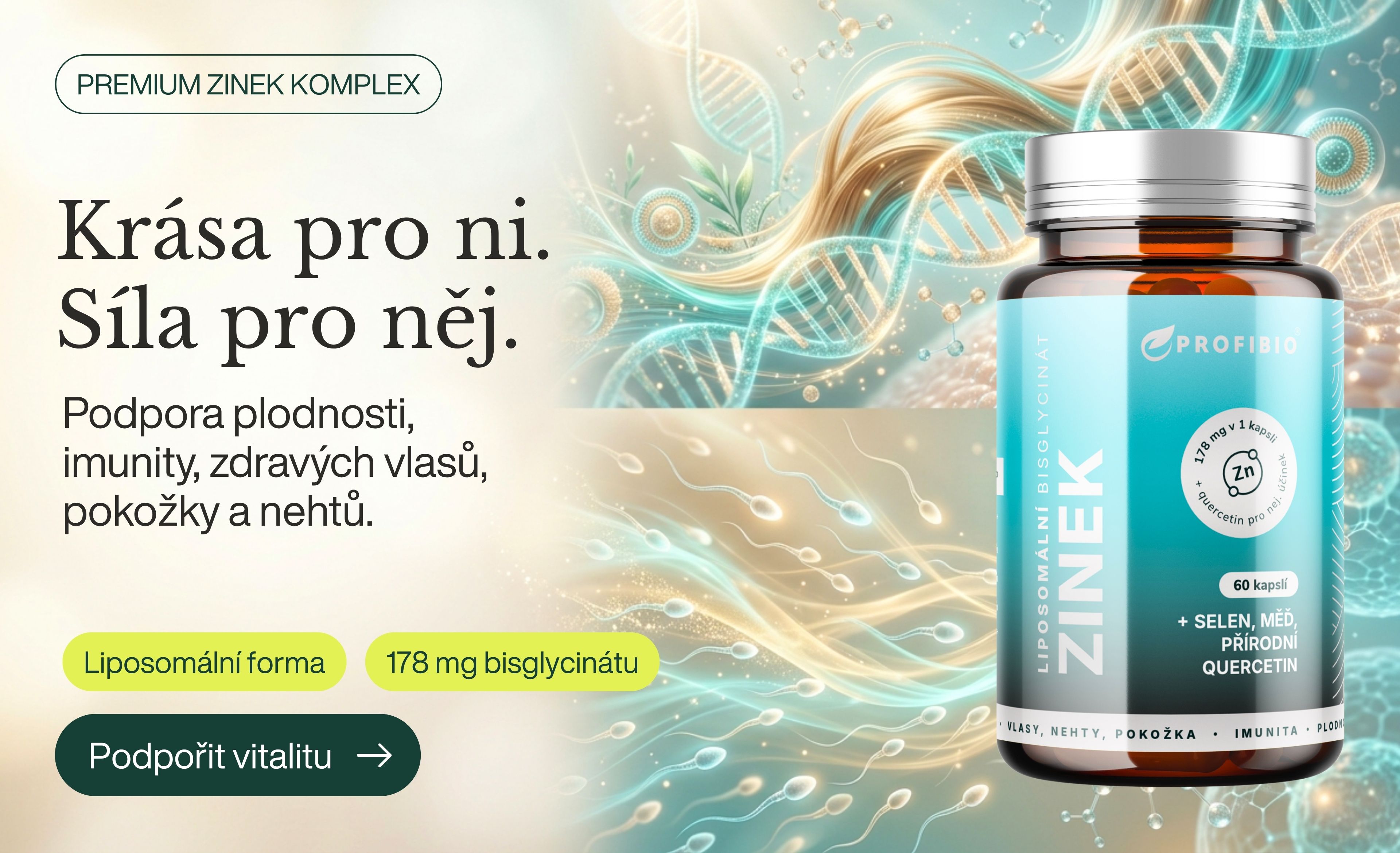 PREMIUM Liposomální Komplex Zinek bisglycinát 178 mg, selen, měď, přírodní quercetin, Vysoce vstřebatelný, 60 kapslí